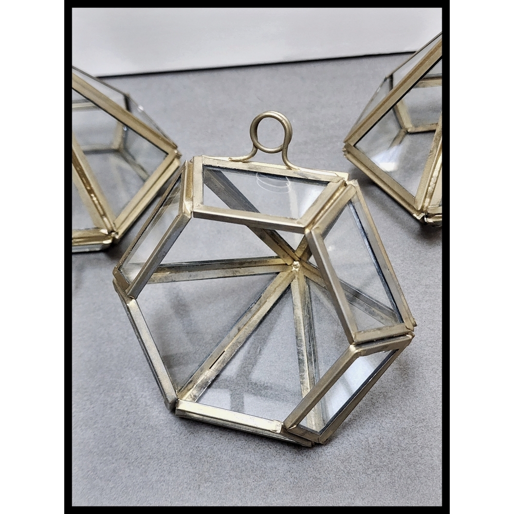 World Market Mini Diamond Geo Metal Glass Frame Hanging Terrarium Set Brass Tone